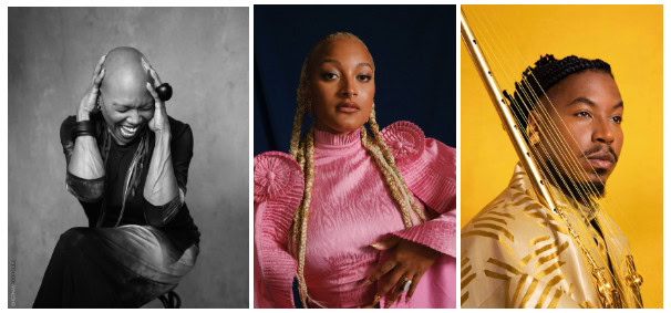 Three musicians are shown: a bald woman smiling with hands on her head in black and white; a woman in a pink textured dress with long blonde braids; and a man in gold attire holding a string instrument against a yellow background.