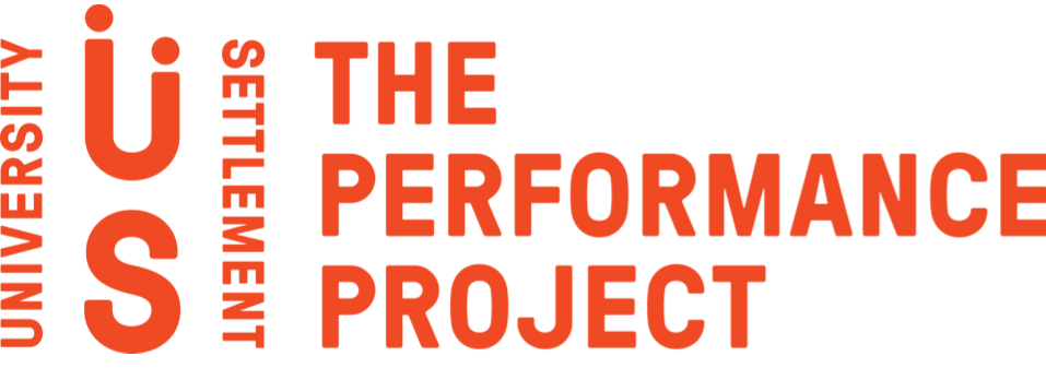 Orange text logo reading UNIVERSITY SETTLEMENT US vertically on the left and THE PERFORMANCE PROJECT stacked on the right, all in bold capital letters on a white background.