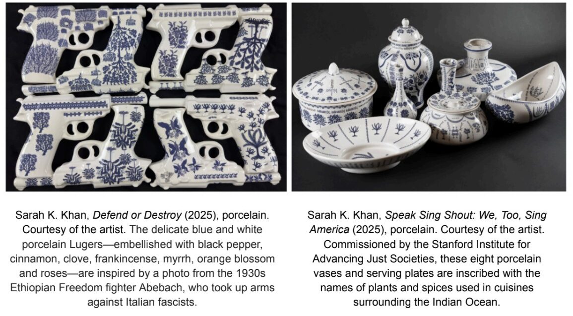 Porcelain sculptures shaped like six pistols decorated with delicate blue and white patterns inspired by plants and spices, including black pepper, cinnamon, clove, frankincense, myrrh, orange blossom, and roses. A collection of eight blue and white porcelain vases and serving plates, each inscribed with names of plants and spices used in cuisines around the Indian Ocean, featuring intricate floral and botanical designs.