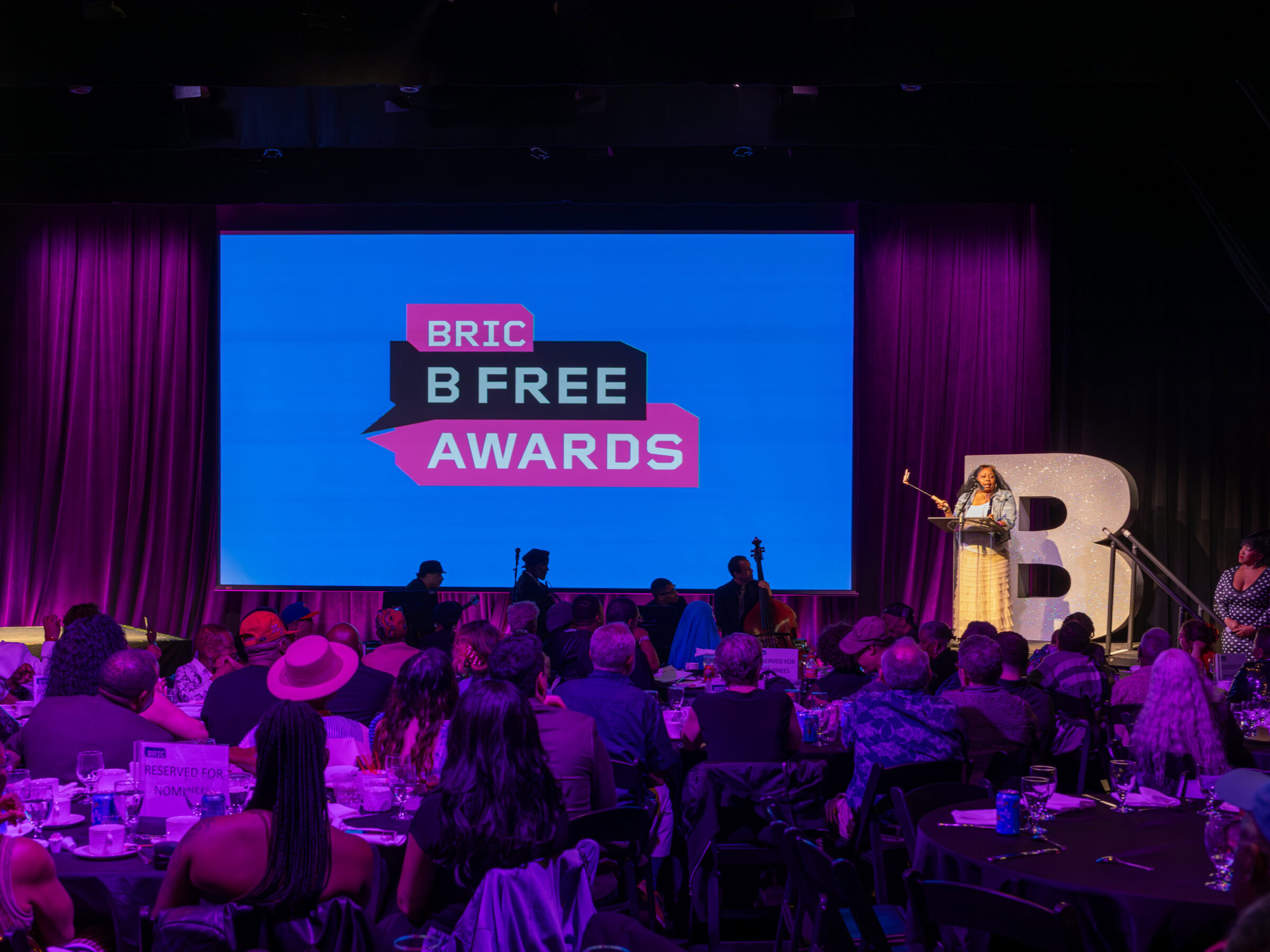 Awards ceremony stage with a large screen reading “BRIC B FREE AWARDS” and a speaker at a podium before seated audience